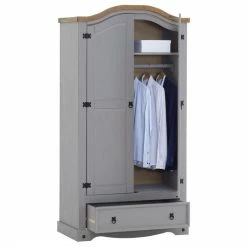 CARO-Möbel Kleiderschrank RAMON Im Mexiko Stil, Kiefer Massiv, Grau/natur -Günstiges Schränke Geschäft 93083 2 N