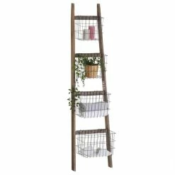 CARO-Möbel Leiterregal FLORISTA In Dunkelbraun Mit 4 Metallkörben